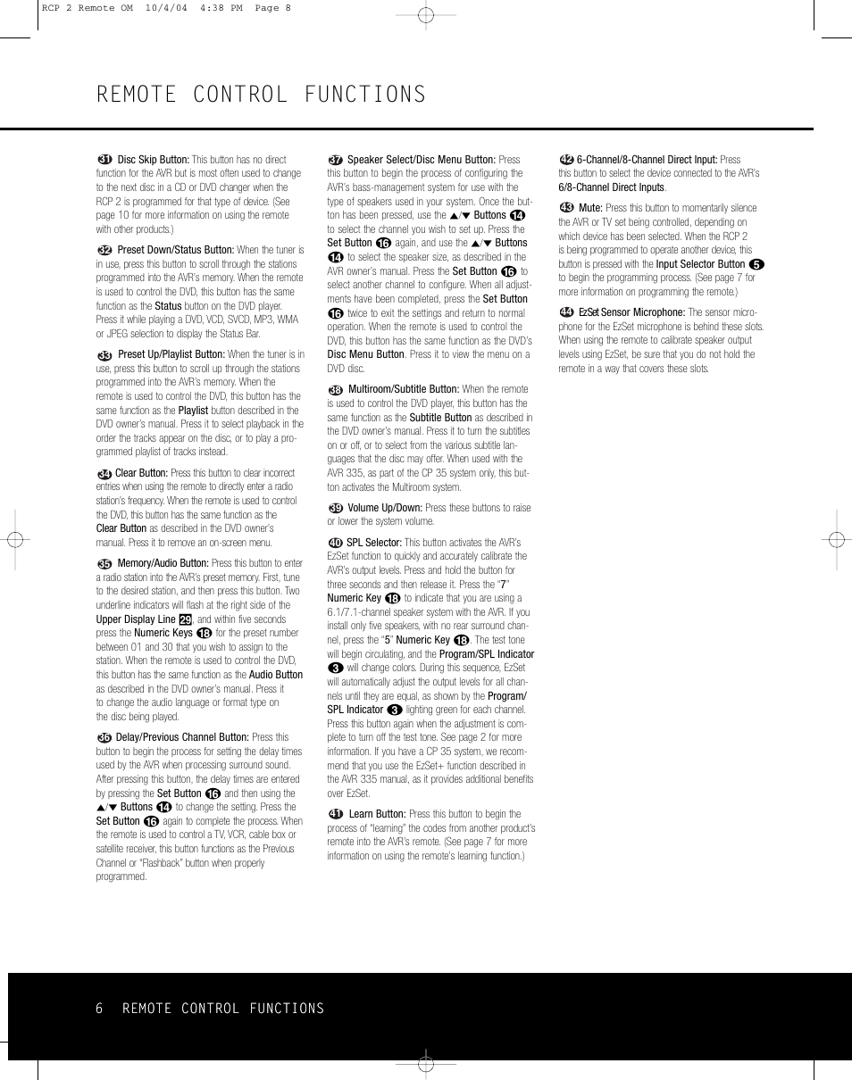 Remote control functions, 6 remote control functions | Harman-Kardon RCP 2 User Manual | Page 6 / 24