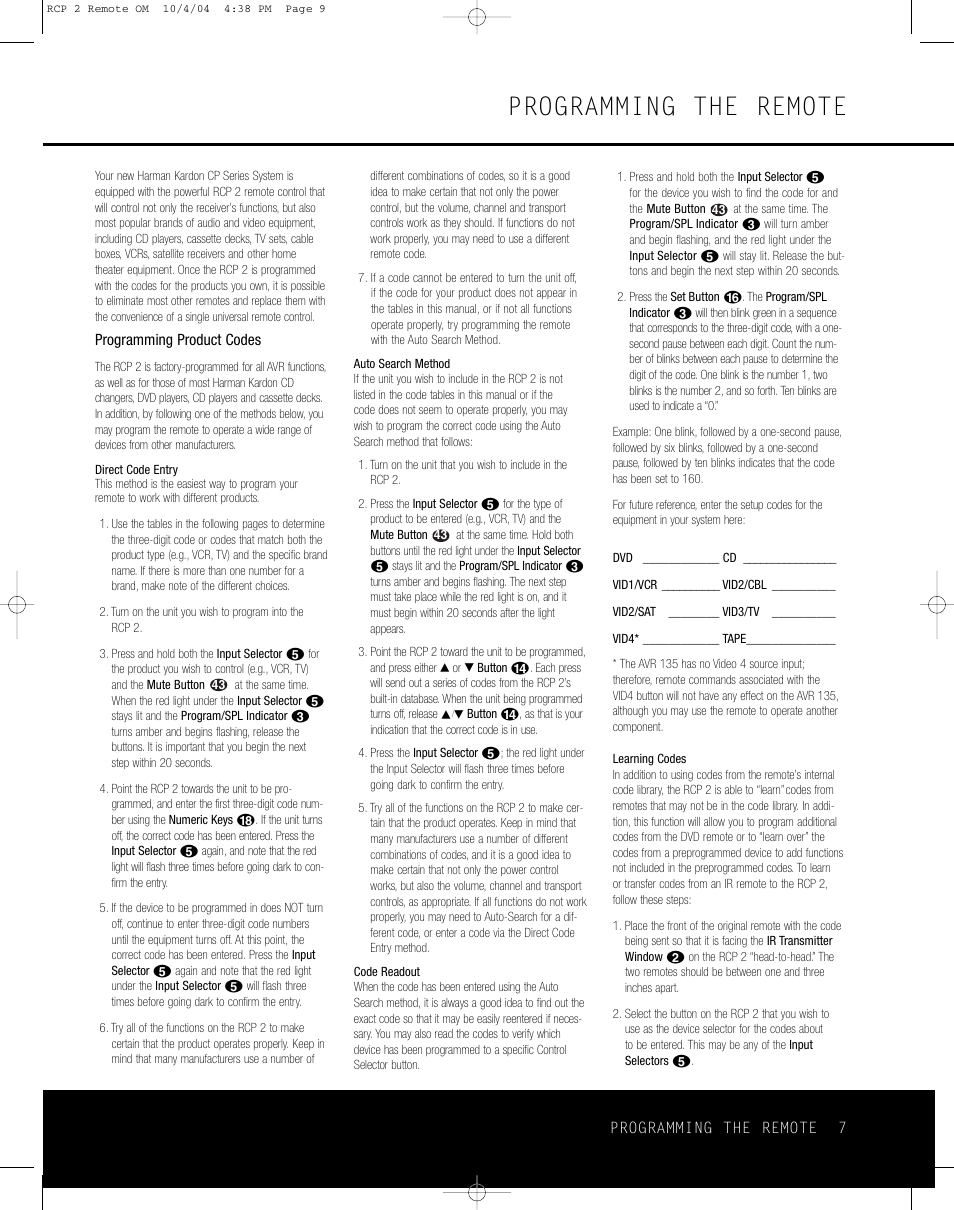Programming the remote | Harman-Kardon RCP 2 User Manual | Page 7 / 24