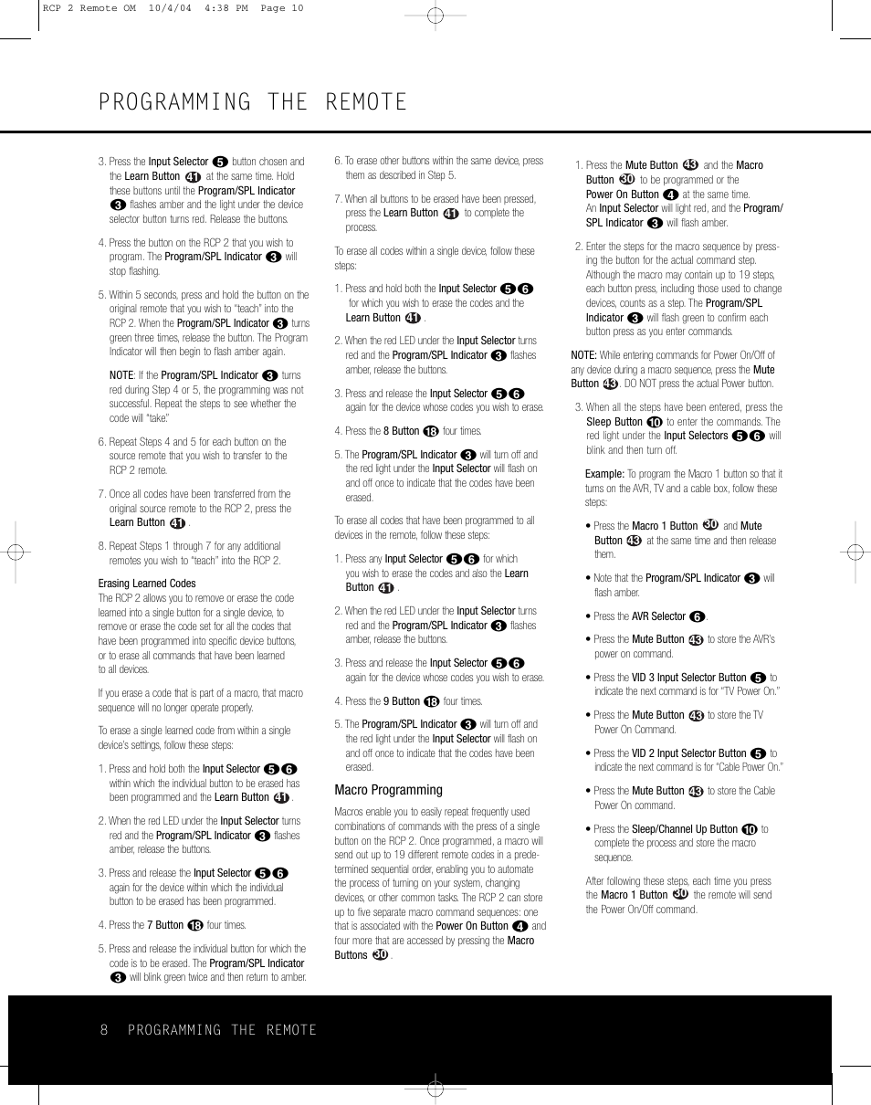 Programming the remote | Harman-Kardon RCP 2 User Manual | Page 8 / 24