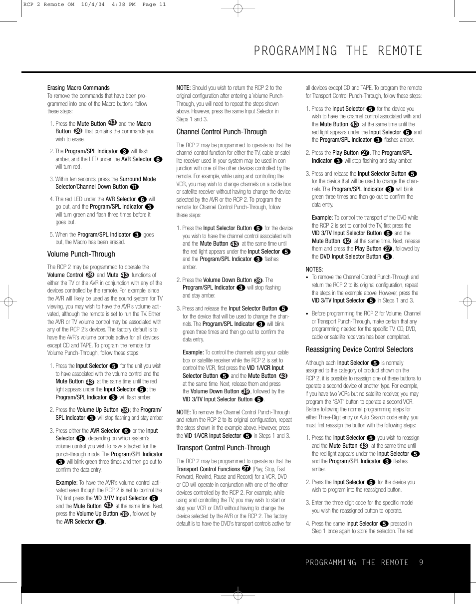 Programming the remote | Harman-Kardon RCP 2 User Manual | Page 9 / 24