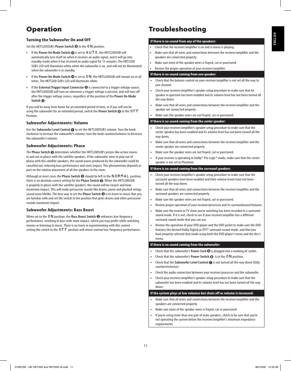 Troubleshooting operation | Harman-Kardon HKTS20 User Manual | Page 11 / 12