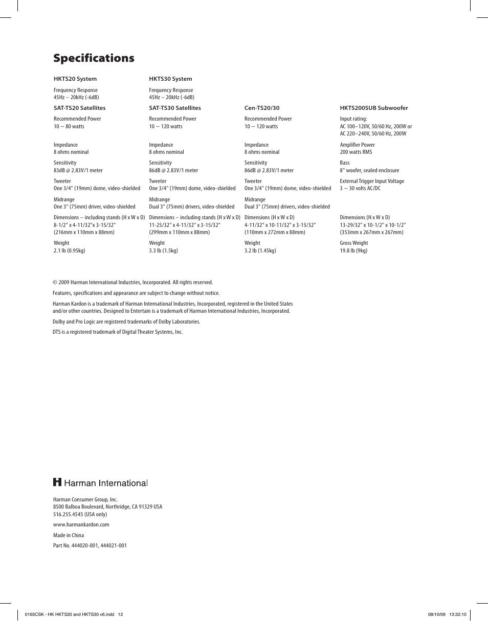 Specifications | Harman-Kardon HKTS20 User Manual | Page 12 / 12