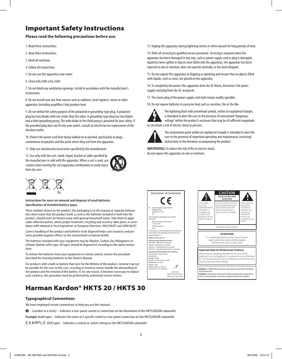Harman kardon® hkts 20 / hkts 30, Important safety instructions, Typographical conventions | Please read the following precautions before use | Harman-Kardon HKTS20 User Manual | Page 2 / 12