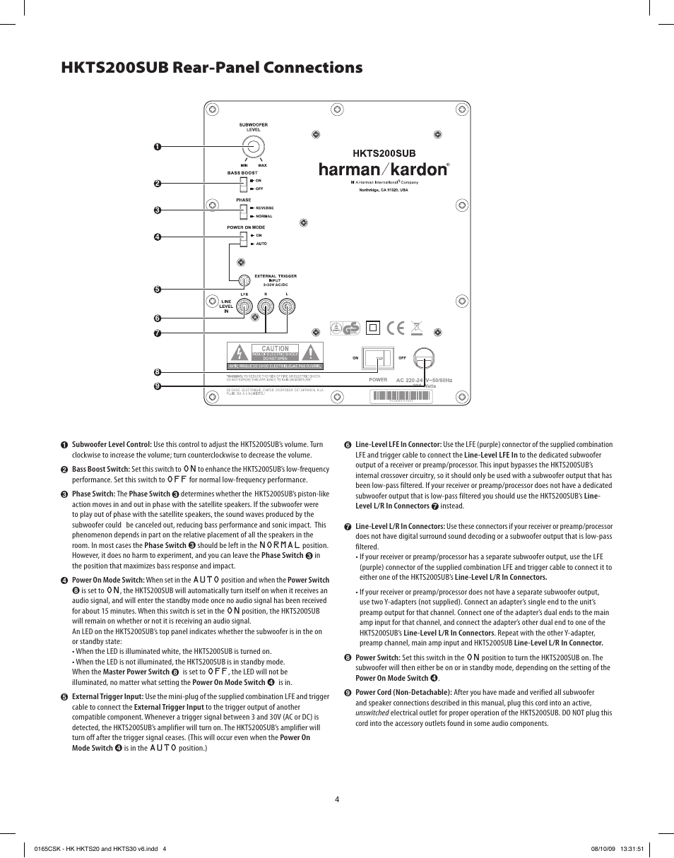 Hkts200sub rear-panel connections | Harman-Kardon HKTS20 User Manual | Page 4 / 12