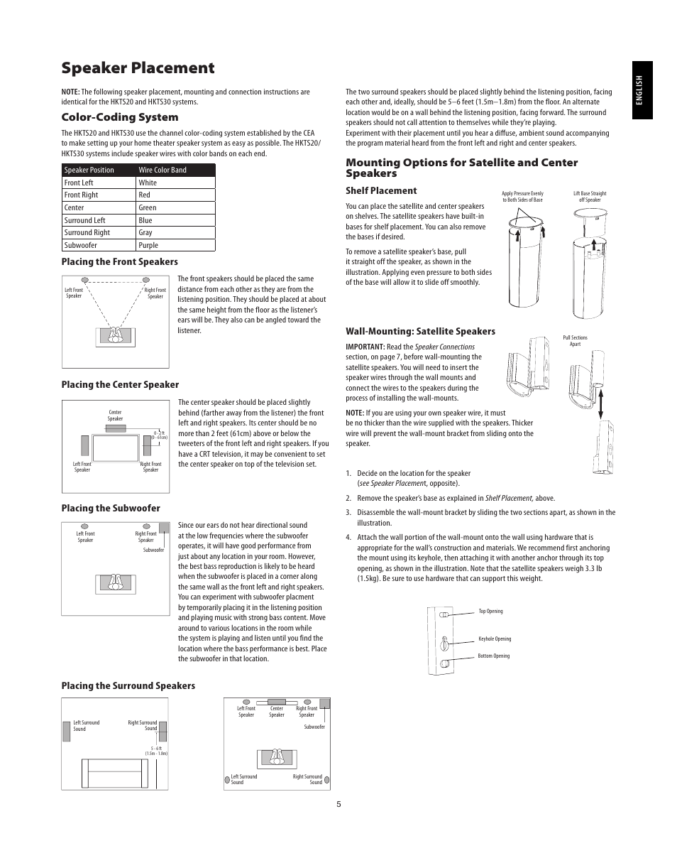 Speaker placement, Color-coding system, Mounting options for satellite and center speakers | Placing the front speakers, Placing the center speaker, Placing the subwoofer, Placing the surround speakers, Shelf placement, Wall-mounting: satellite speakers | Harman-Kardon HKTS20 User Manual | Page 5 / 12