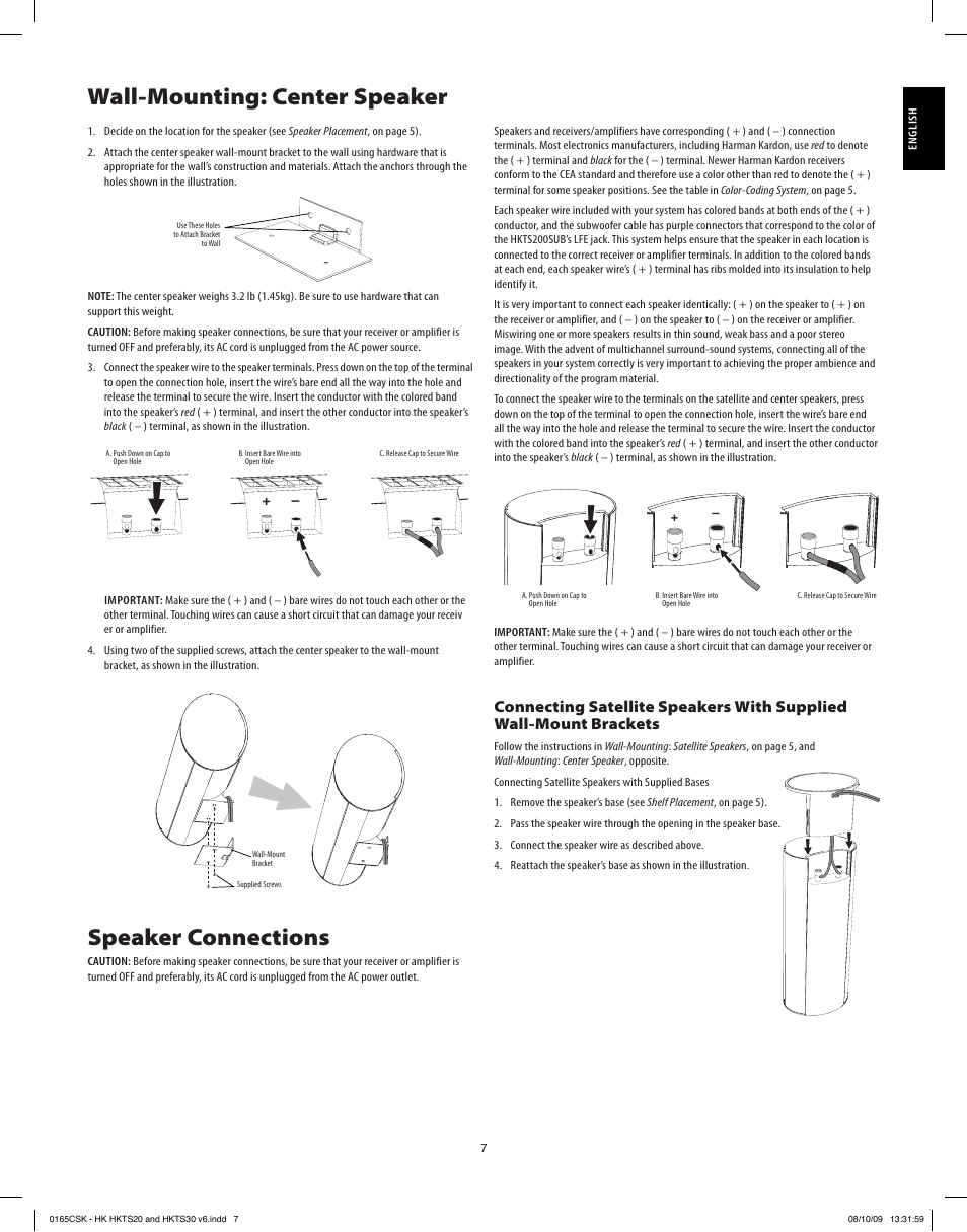 Wall-mounting: center speaker, Speaker connections | Harman-Kardon HKTS20 User Manual | Page 7 / 12