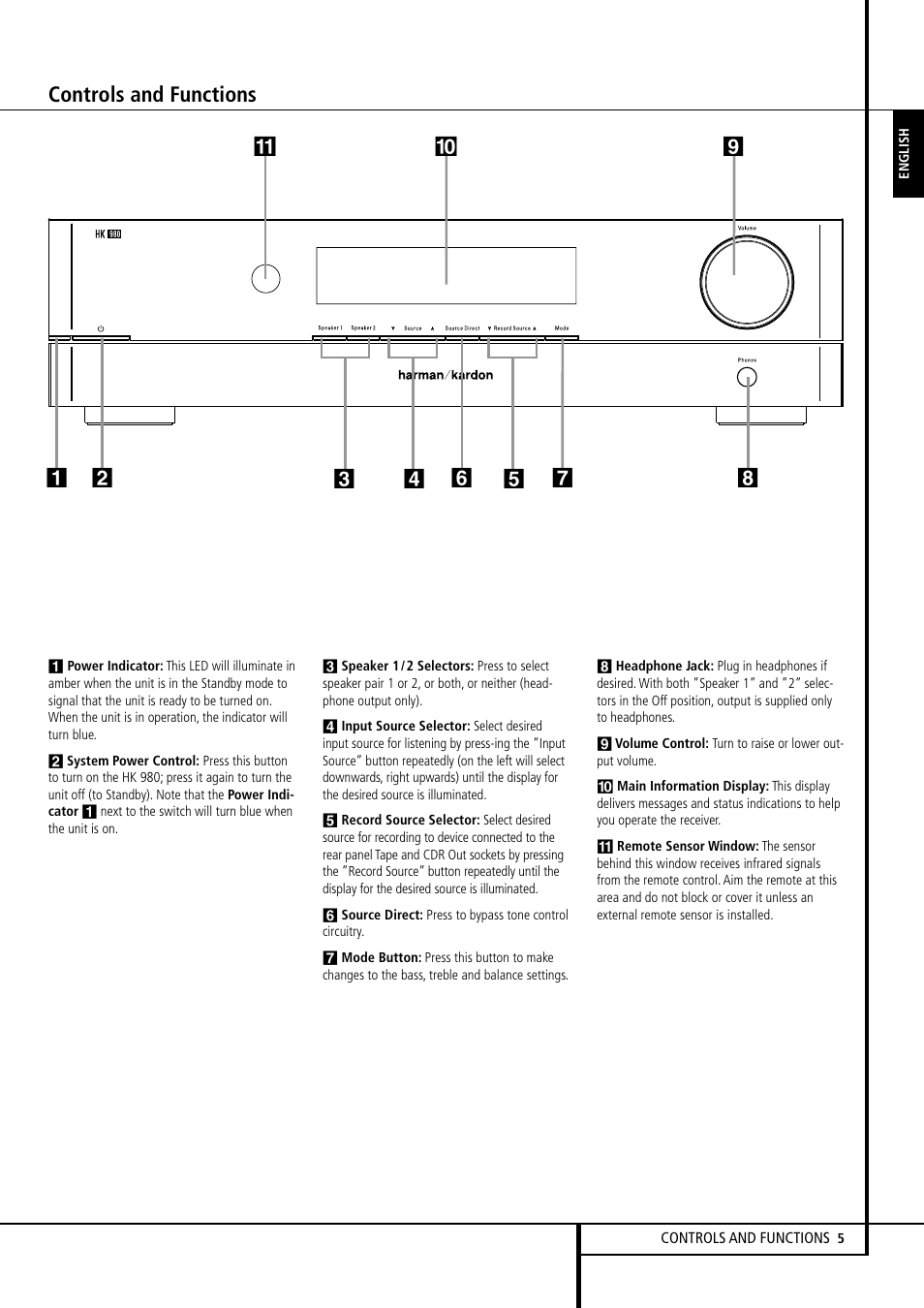 Controls and functions | Harman-Kardon HK 980 User Manual | Page 5 / 8