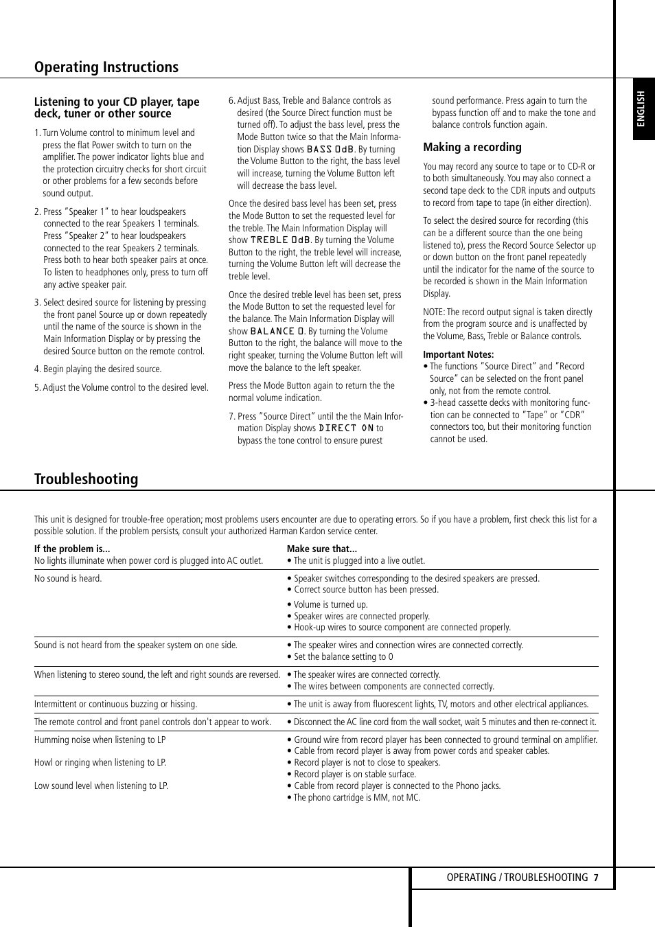 Operating instructions, Troubleshooting | Harman-Kardon HK 980 User Manual | Page 7 / 8