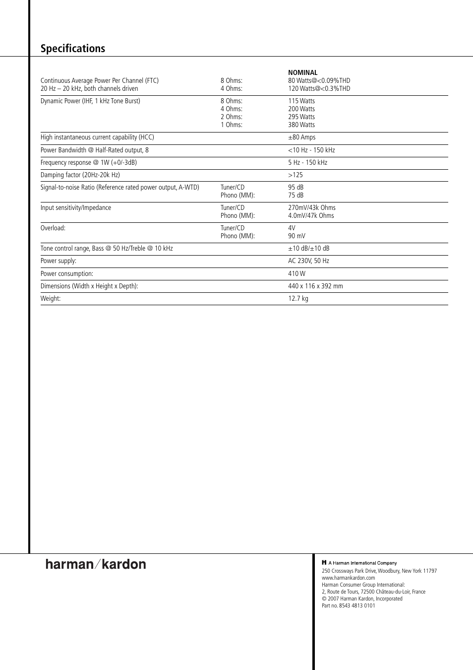 Specifications | Harman-Kardon HK 980 User Manual | Page 8 / 8
