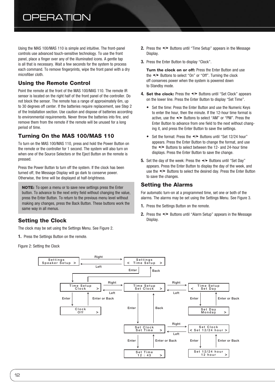 Operation, Using the remote control, Setting the clock | Setting the alarms | Harman-Kardon MAS 110 User Manual | Page 12 / 20