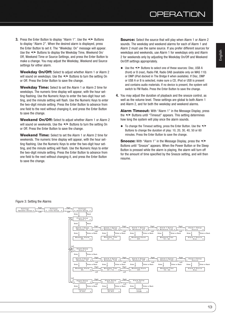 Operation, 13 english, Weekday on/off | Weekday time, Weekend on/off, Weekend time, Source, Alarm timeout, Snooze, Figure 3: setting the alarms | Harman-Kardon MAS 110 User Manual | Page 13 / 20