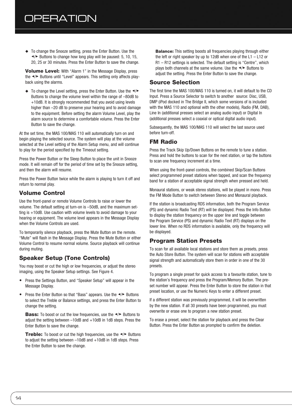 Operation, Volume control, Speaker setup (tone controls) | Source selection, Fm radio, Program station presets | Harman-Kardon MAS 110 User Manual | Page 14 / 20