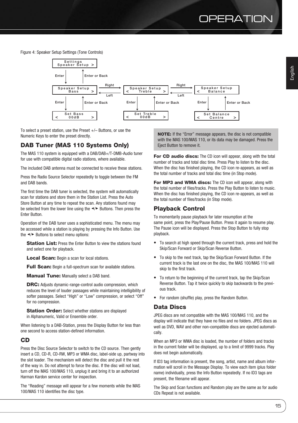 Operation, Dab tuner (mas 110 systems only), Playback control | Data discs | Harman-Kardon MAS 110 User Manual | Page 15 / 20