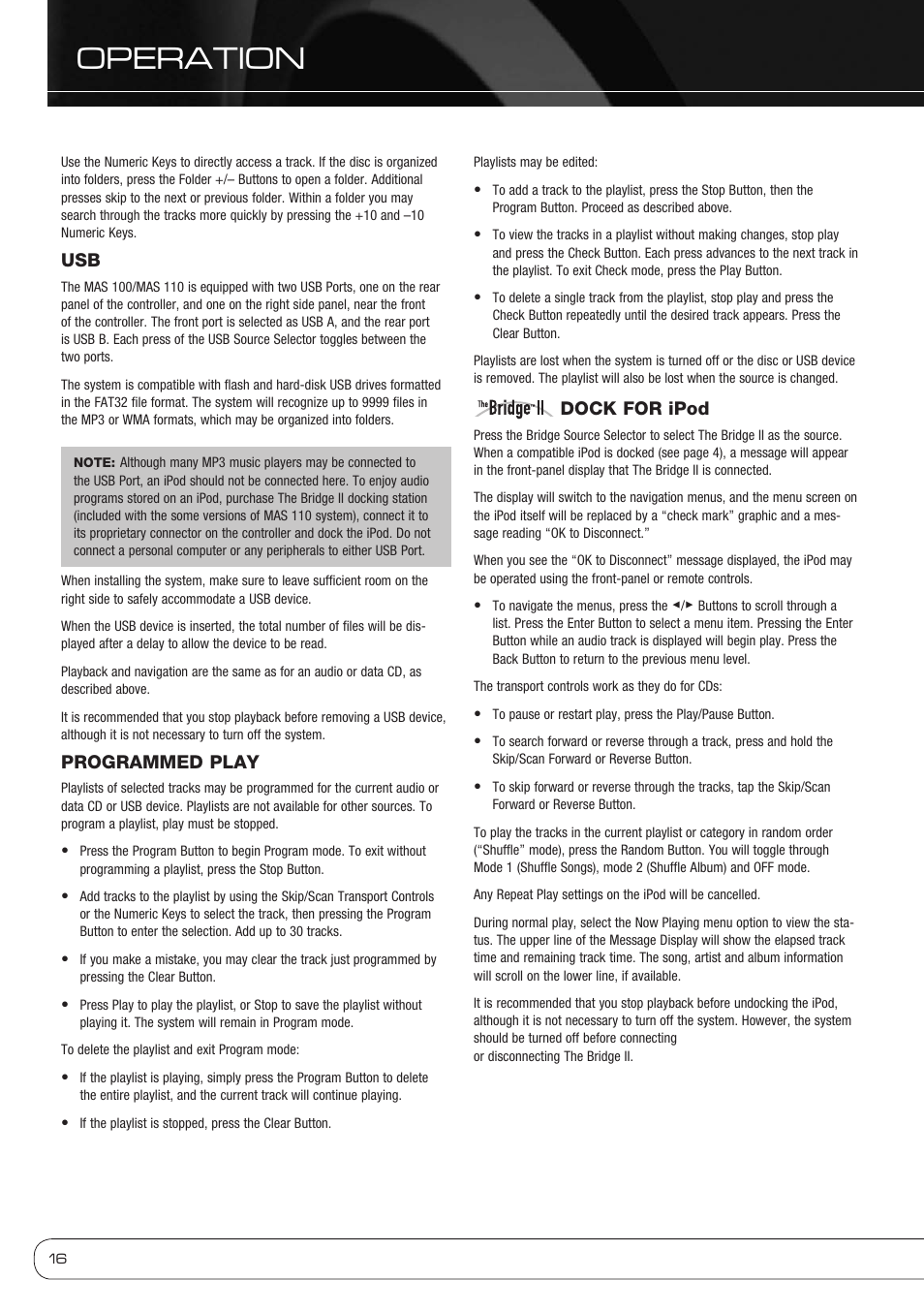 Operation, Programmed play, Dock for ipod | Harman-Kardon MAS 110 User Manual | Page 16 / 20