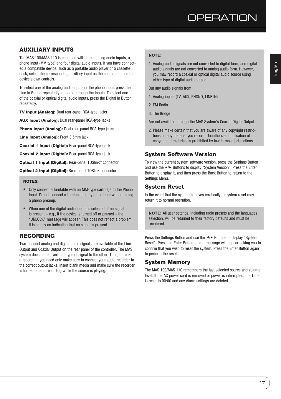 Operation, Auxiliary inputs, Recording | System software version, System reset | Harman-Kardon MAS 110 User Manual | Page 17 / 20
