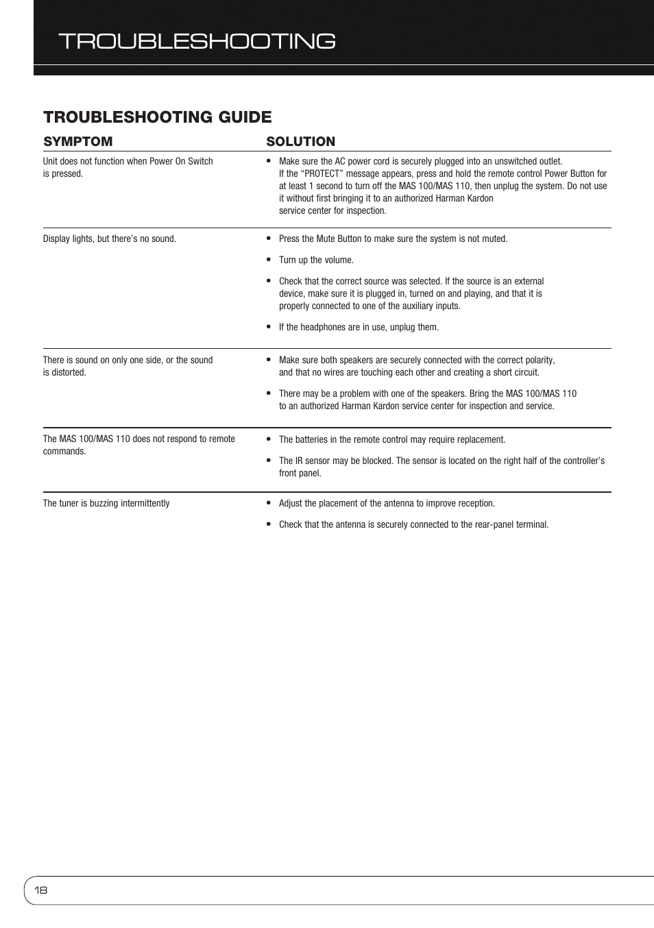 Technical specifications, Troubleshooting, Troubleshooting guide | Harman-Kardon MAS 110 User Manual | Page 18 / 20