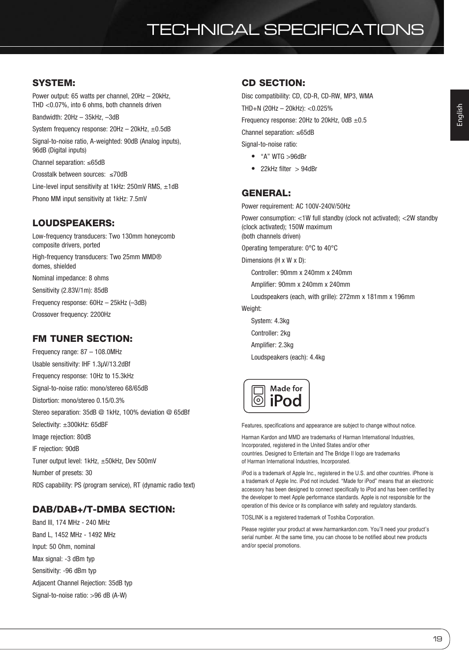 Technical specifications | Harman-Kardon MAS 110 User Manual | Page 19 / 20