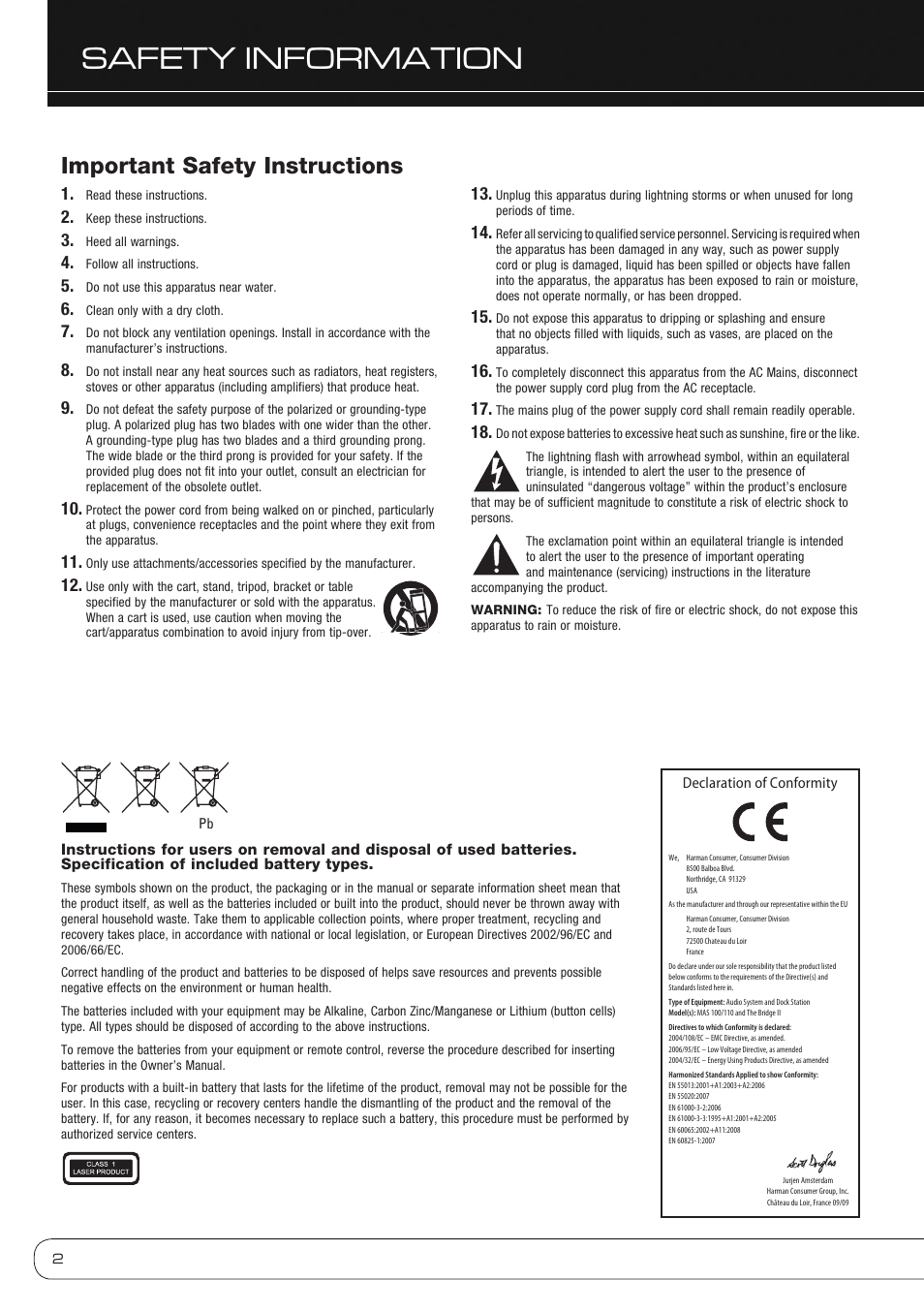 Safety information, Important safety instructions | Harman-Kardon MAS 110 User Manual | Page 2 / 20