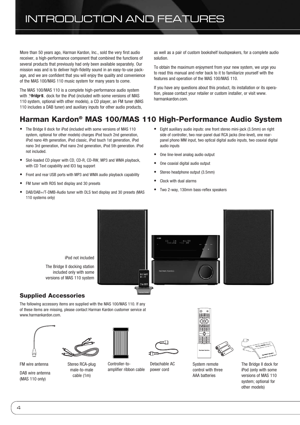 Introduction and features, Harman kardon, Supplied accessories | Harman-Kardon MAS 110 User Manual | Page 4 / 20