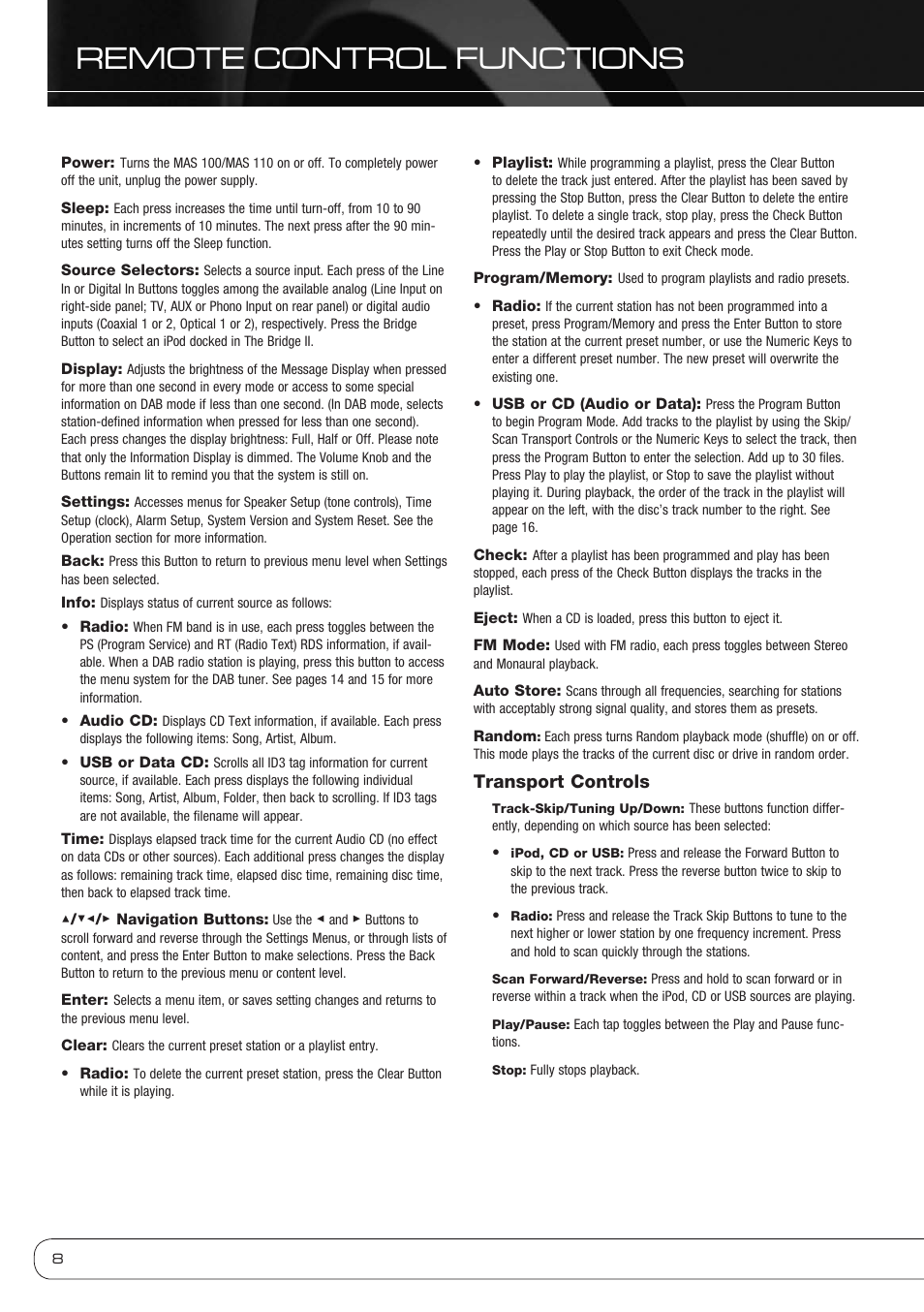 Remote control functions, Transport controls | Harman-Kardon MAS 110 User Manual | Page 8 / 20