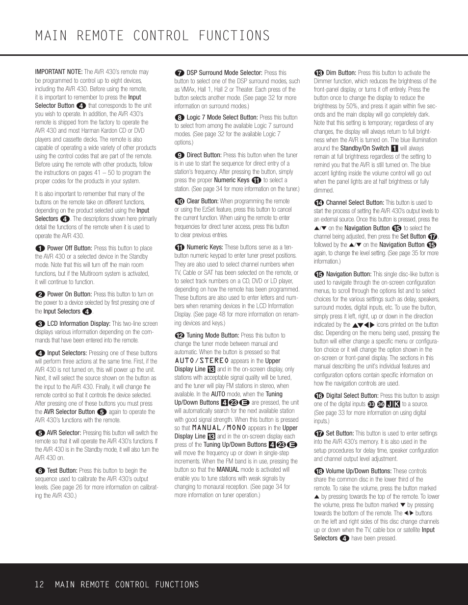Main remote control functions, 12 main remote control functions | Harman-Kardon AVR 430 User Manual | Page 12 / 52