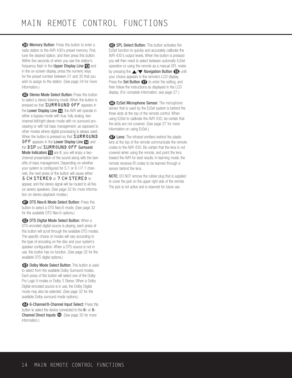 Main remote control functions, 14 main remote control functions | Harman-Kardon AVR 430 User Manual | Page 14 / 52