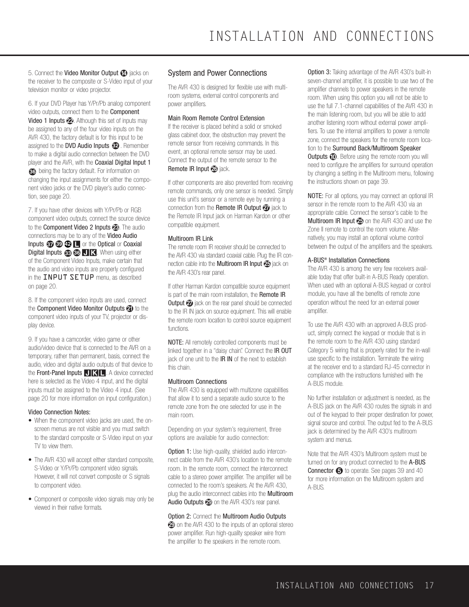 Installation and connections, Installation and connections 17, System and power connections | Harman-Kardon AVR 430 User Manual | Page 17 / 52