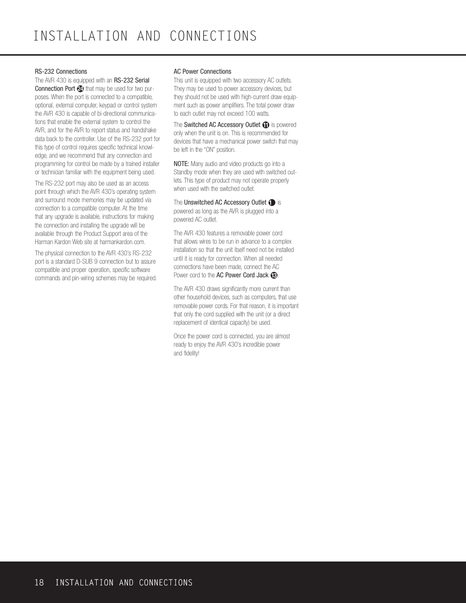 Installation and connections | Harman-Kardon AVR 430 User Manual | Page 18 / 52