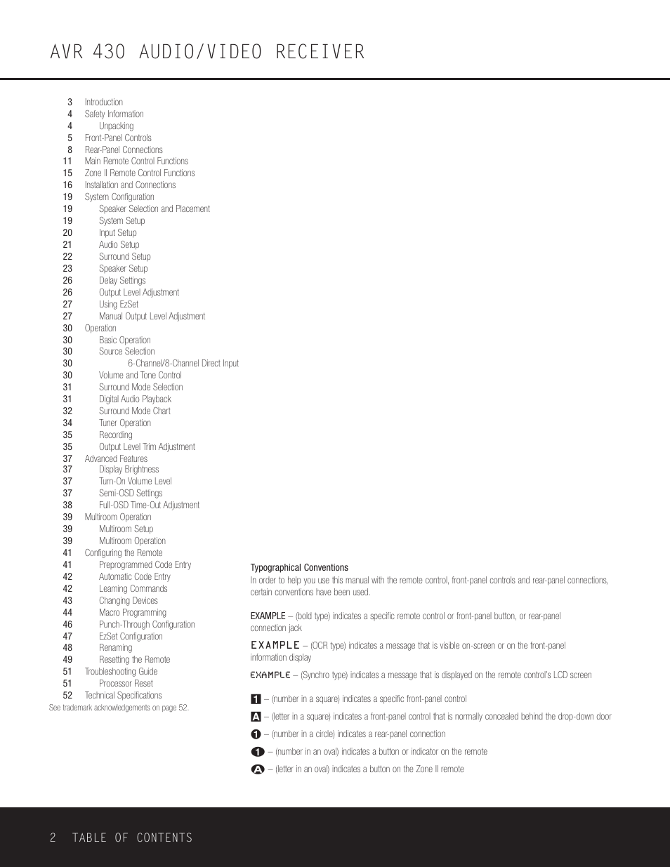 Avr 430 audio/video receiver | Harman-Kardon AVR 430 User Manual | Page 2 / 52