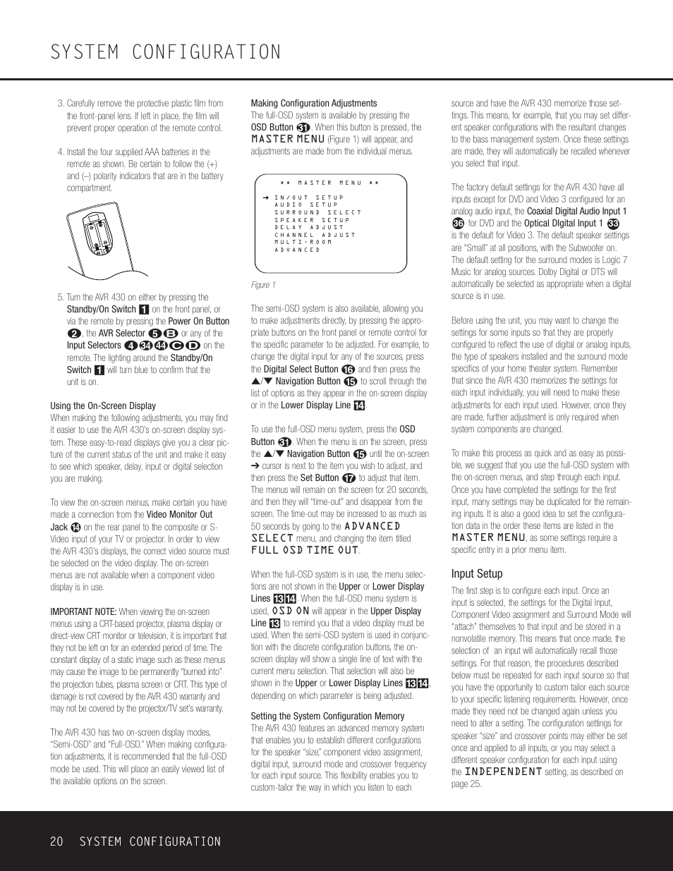 System configuration, 20 system configuration, Input setup | Harman-Kardon AVR 430 User Manual | Page 20 / 52