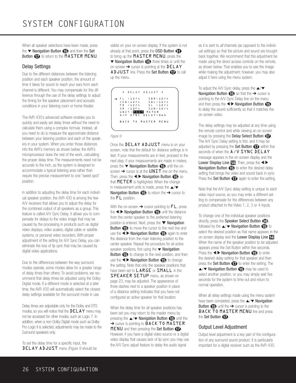 System configuration, 26 system configuration 26 system configuration, Delay settings | Output level adjustment | Harman-Kardon AVR 430 User Manual | Page 26 / 52