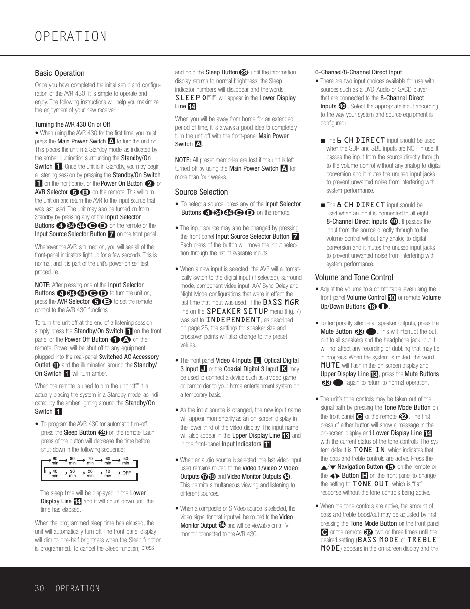 Operation, 30 operation basic operation, Source selection | Volume and tone control | Harman-Kardon AVR 430 User Manual | Page 30 / 52