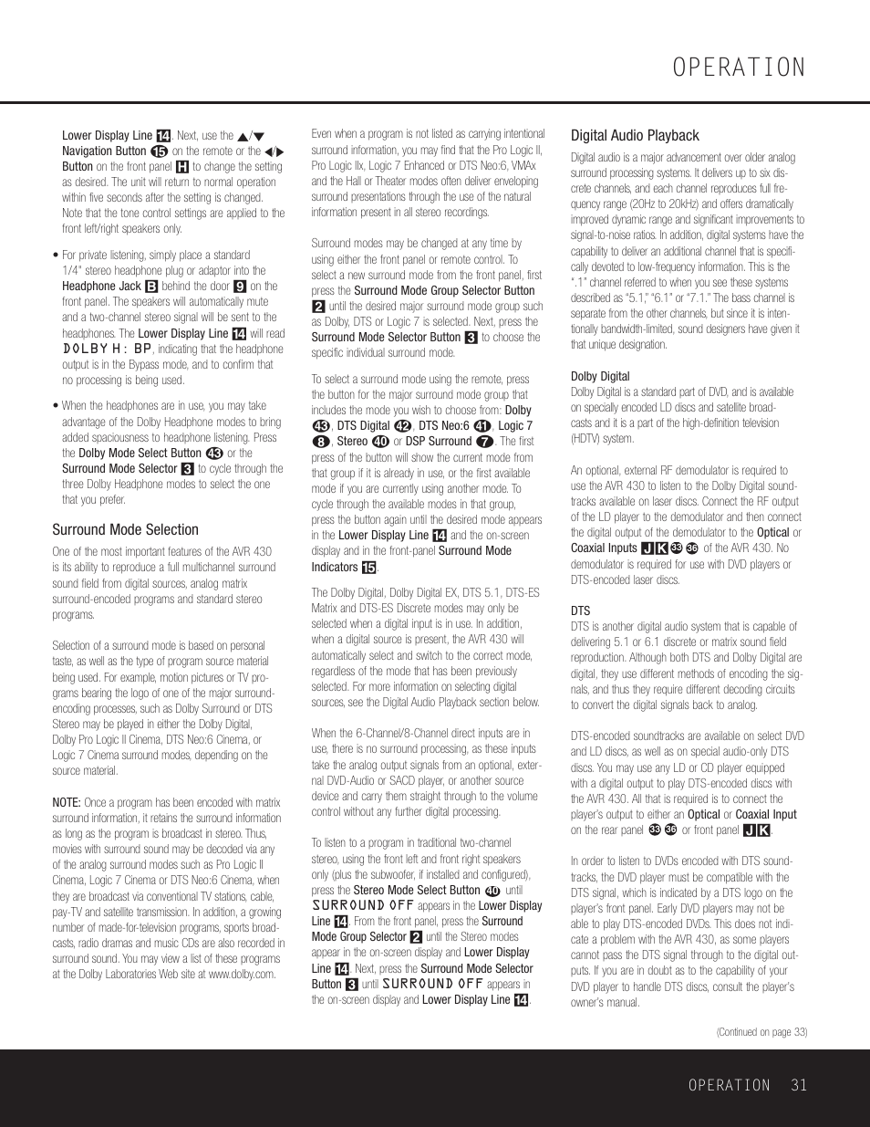Operation, Surround mode selection, Digital audio playback | Operation 31 | Harman-Kardon AVR 430 User Manual | Page 31 / 52
