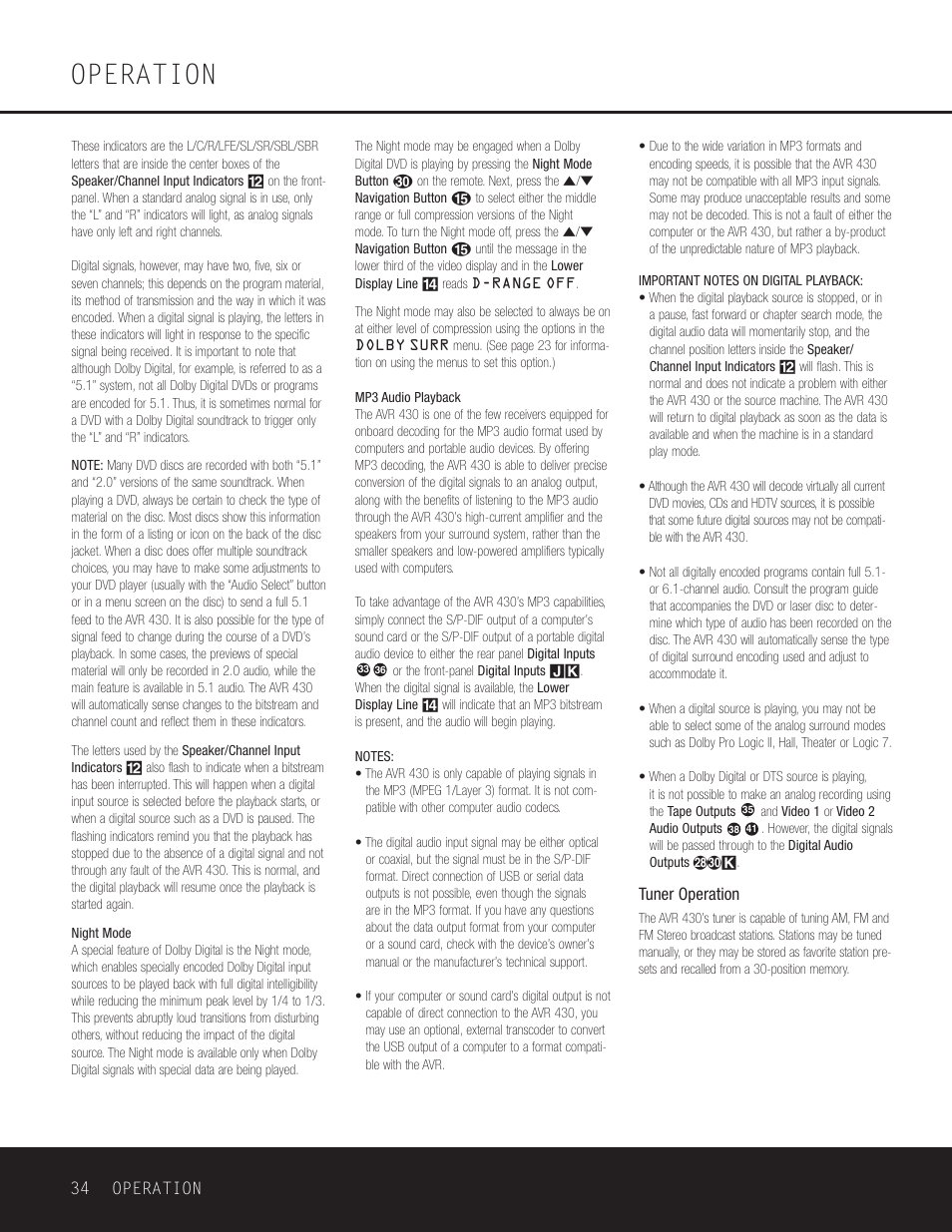 Operation, 34 operation, Tuner operation | Harman-Kardon AVR 430 User Manual | Page 34 / 52