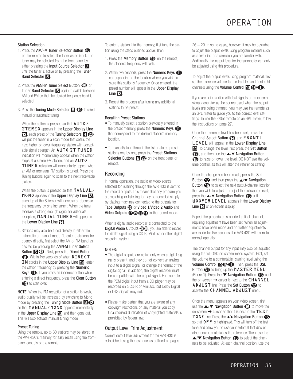Operation, Recording, Output level trim adjustment | Operation 35 | Harman-Kardon AVR 430 User Manual | Page 35 / 52