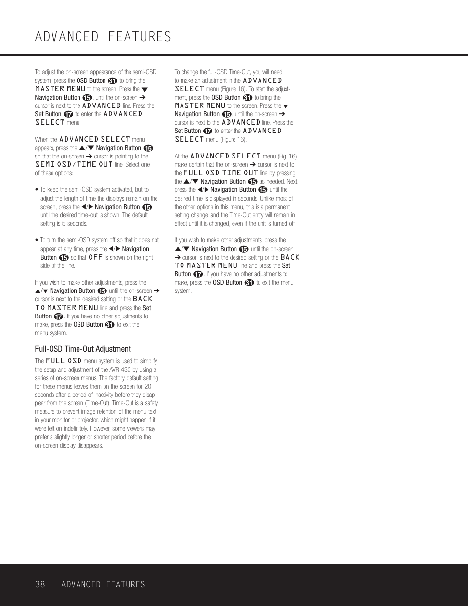 Advanced features, 38 advanced features, Full-osd time-out adjustment | Harman-Kardon AVR 430 User Manual | Page 38 / 52