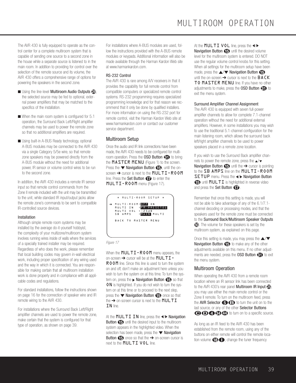 Multiroom operation, Multiroom operation 39, Multiroom setup | Harman-Kardon AVR 430 User Manual | Page 39 / 52