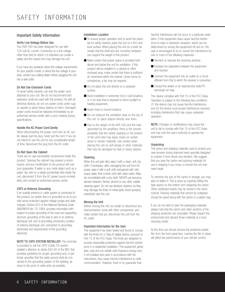 Safety information | Harman-Kardon AVR 430 User Manual | Page 4 / 52