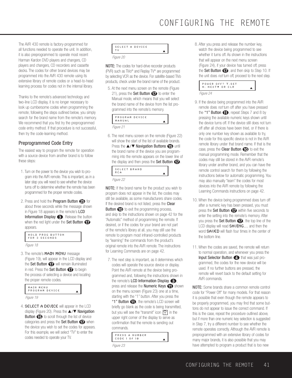 Configuring the remote, Preprogrammed code entry, Configuring the remote 41 | Harman-Kardon AVR 430 User Manual | Page 41 / 52