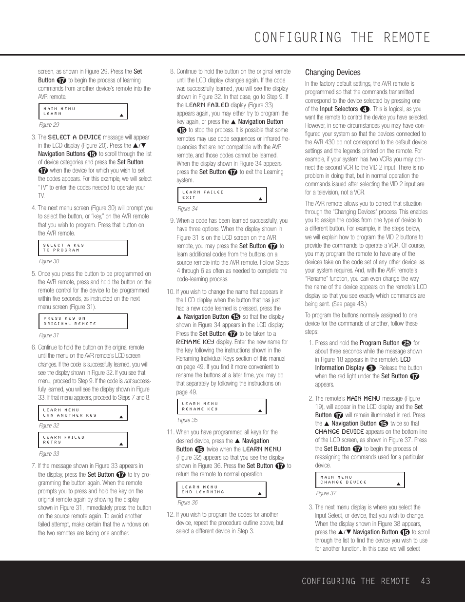 Configuring the remote, Changing devices, Configuring the remote 43 | Harman-Kardon AVR 430 User Manual | Page 43 / 52