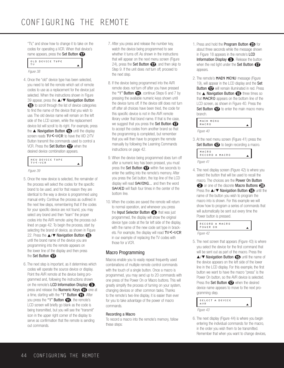 Configuring the remote, 44 configuring the remote, Macro programming | Harman-Kardon AVR 430 User Manual | Page 44 / 52