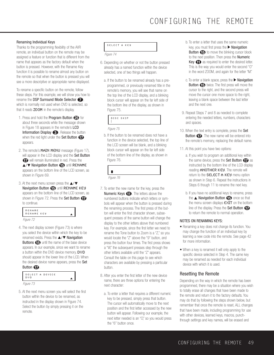 Configuring the remote, Resetting the remote, Configuring the remote 49 | Harman-Kardon AVR 430 User Manual | Page 49 / 52