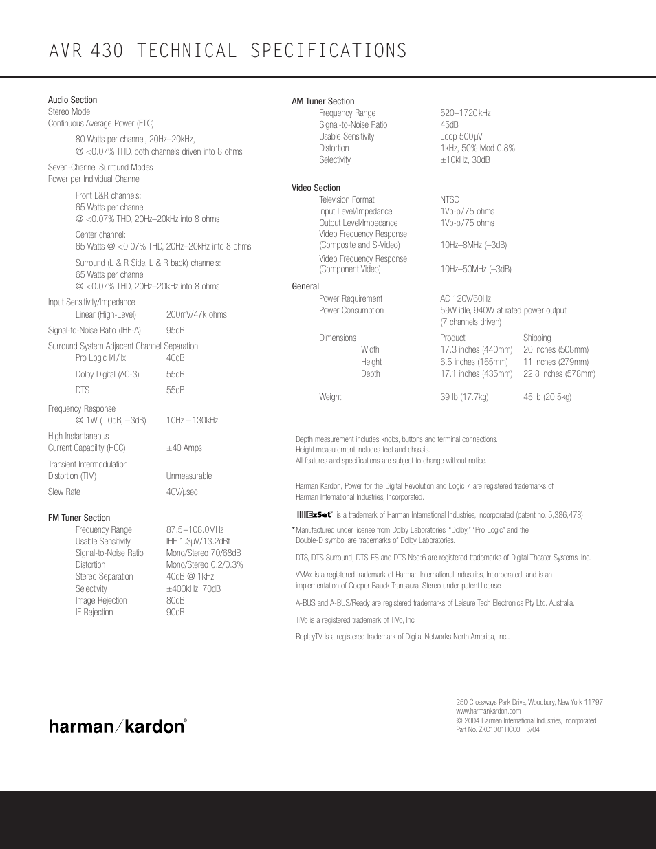 Avr 430 technical specifications | Harman-Kardon AVR 430 User Manual | Page 52 / 52
