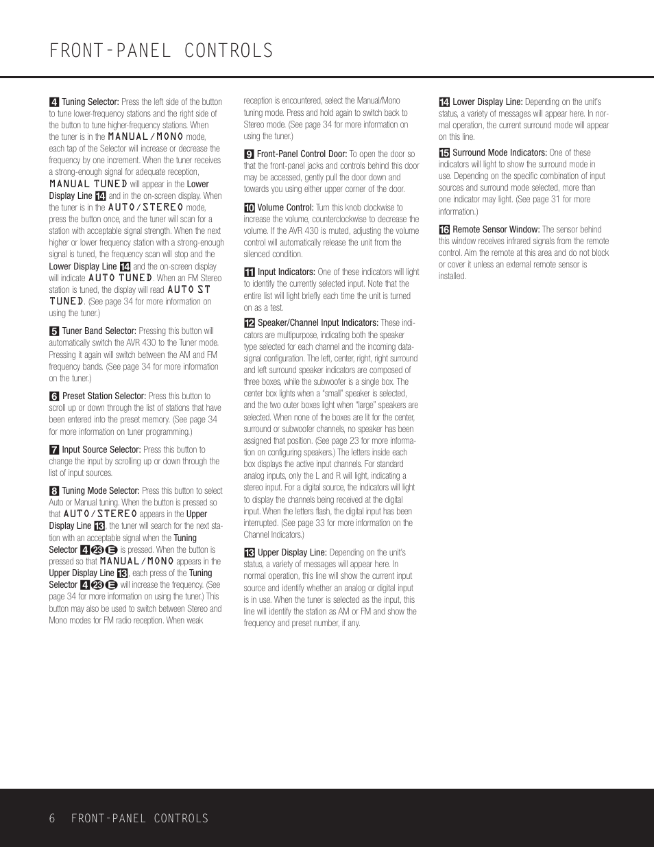 Front-panel controls | Harman-Kardon AVR 430 User Manual | Page 6 / 52