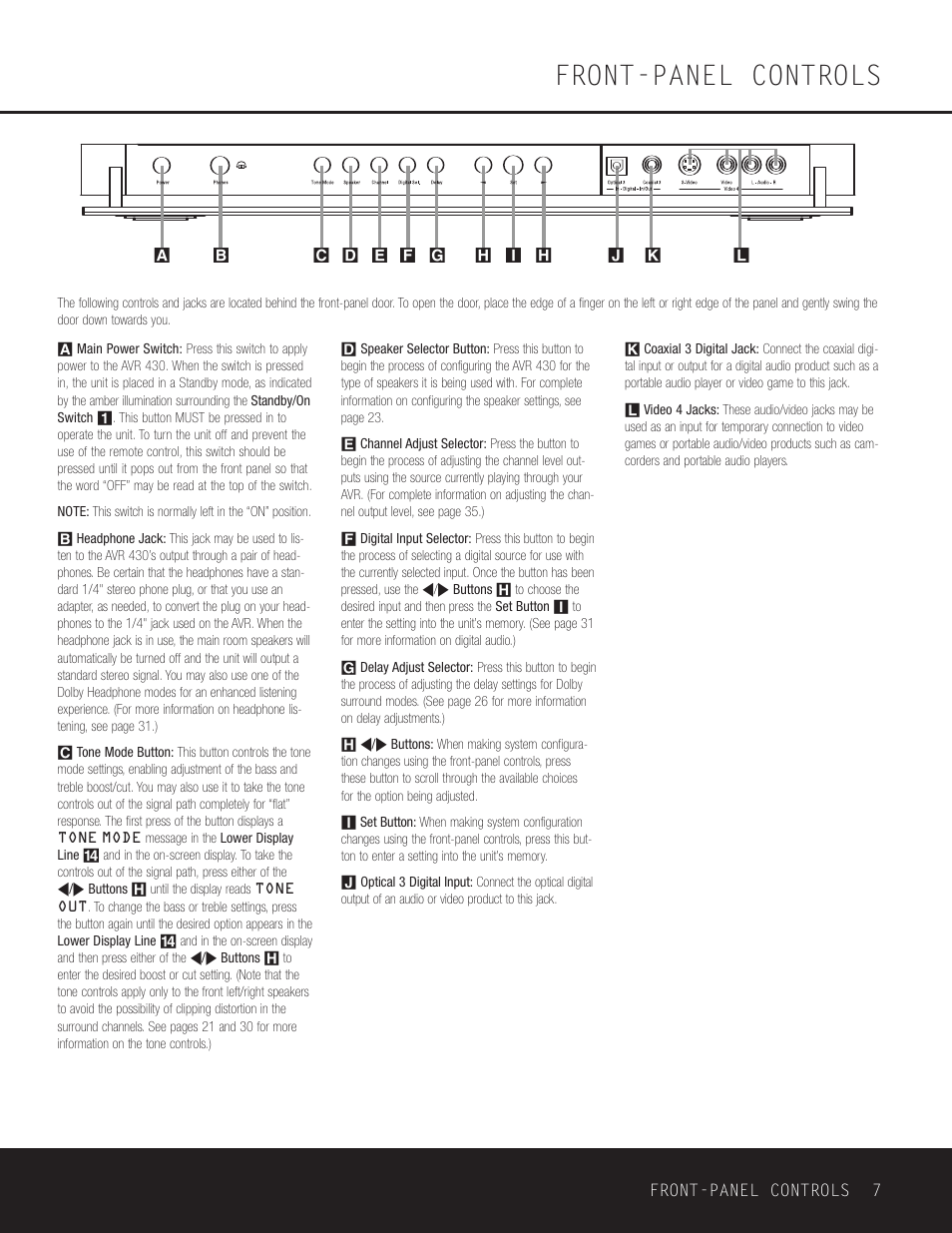 Front-panel controls | Harman-Kardon AVR 430 User Manual | Page 7 / 52