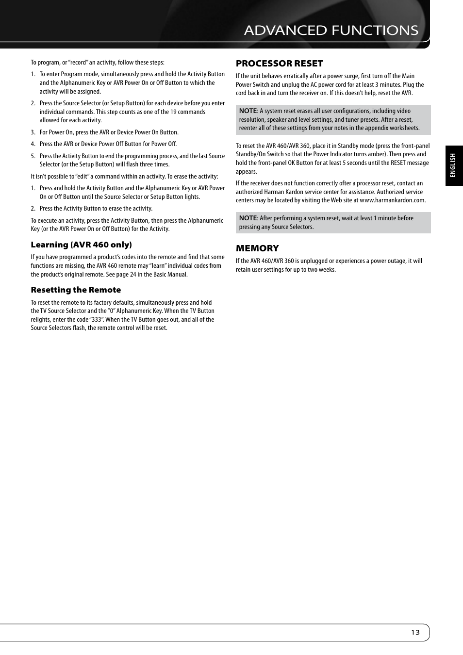 Advanced functions, Processor reset | Harman-Kardon KARDON AVR 460 User Manual | Page 13 / 28