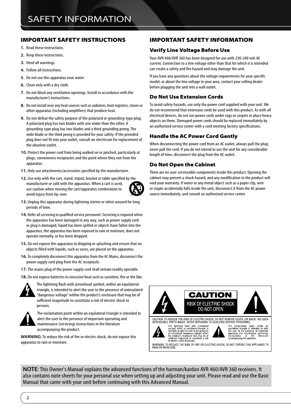 Safety information, Important safety instructions, Important safety information | Harman-Kardon KARDON AVR 460 User Manual | Page 2 / 28