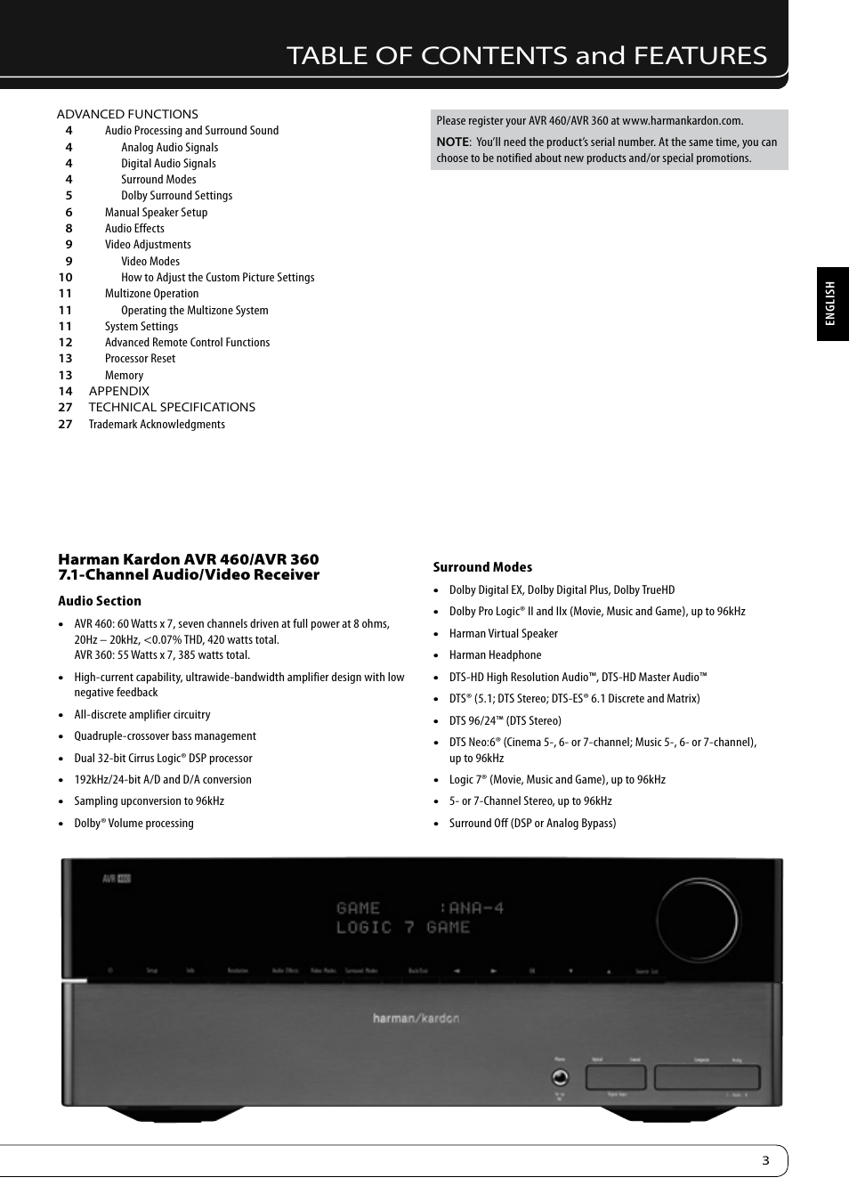 Table of contents and features | Harman-Kardon KARDON AVR 460 User Manual | Page 3 / 28