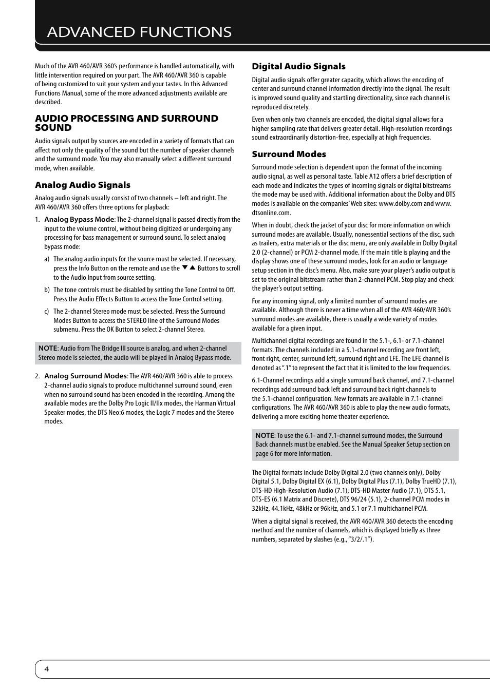 Advanced functions, Audio processing and surround sound | Harman-Kardon KARDON AVR 460 User Manual | Page 4 / 28