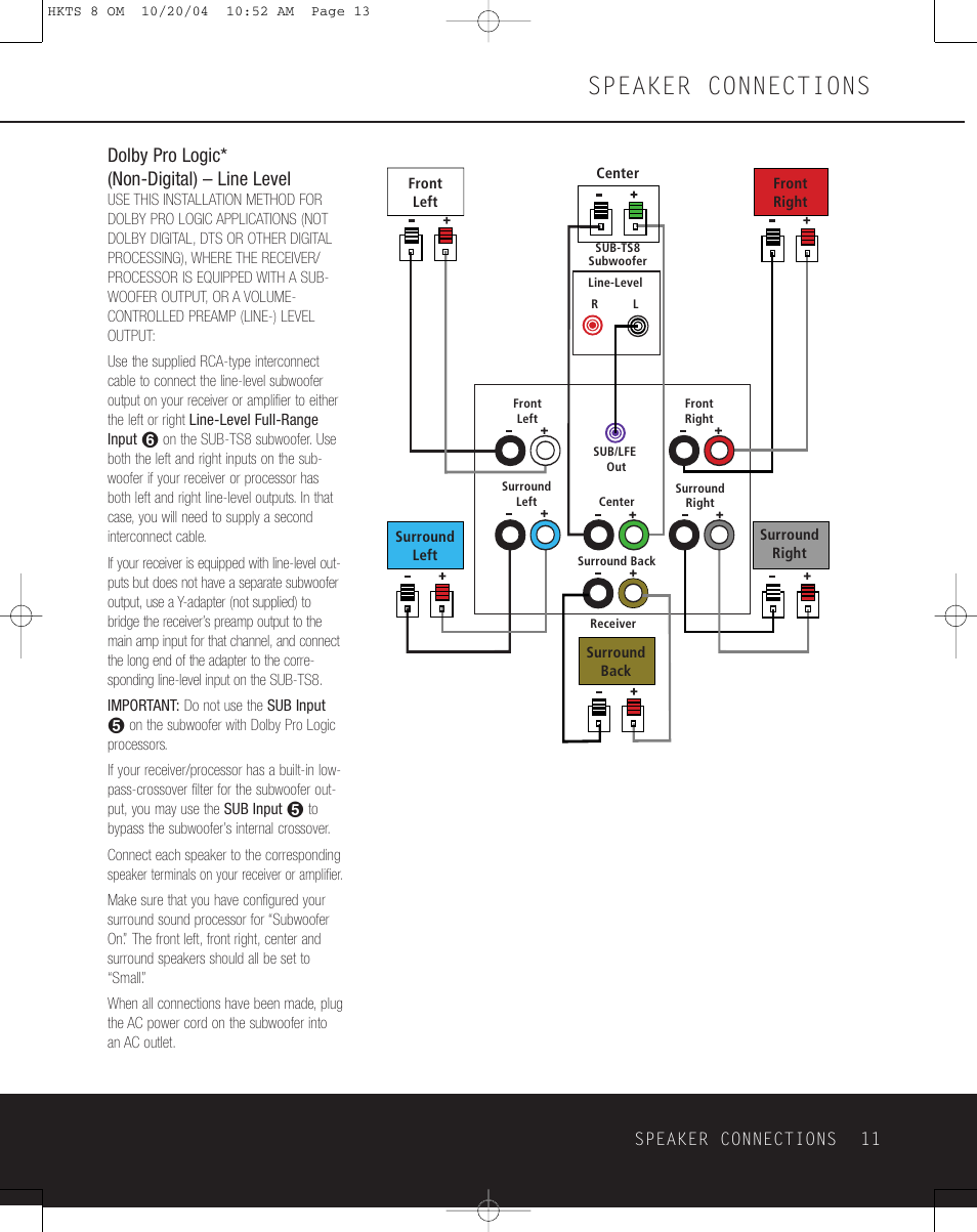 Speaker connections, Dolby pro logic* (non-digital) – line level | Harman-Kardon HKTS 8 User Manual | Page 11 / 16